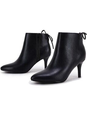 Women's Cool Black Pointed Toe Kitten Stiletto Heels Bowtie Strappy Ankle Boots